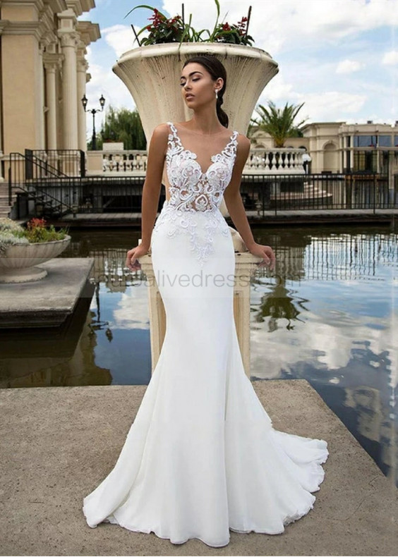 Beach White Lace Satin Illusion Buttons Back Wedding Dress